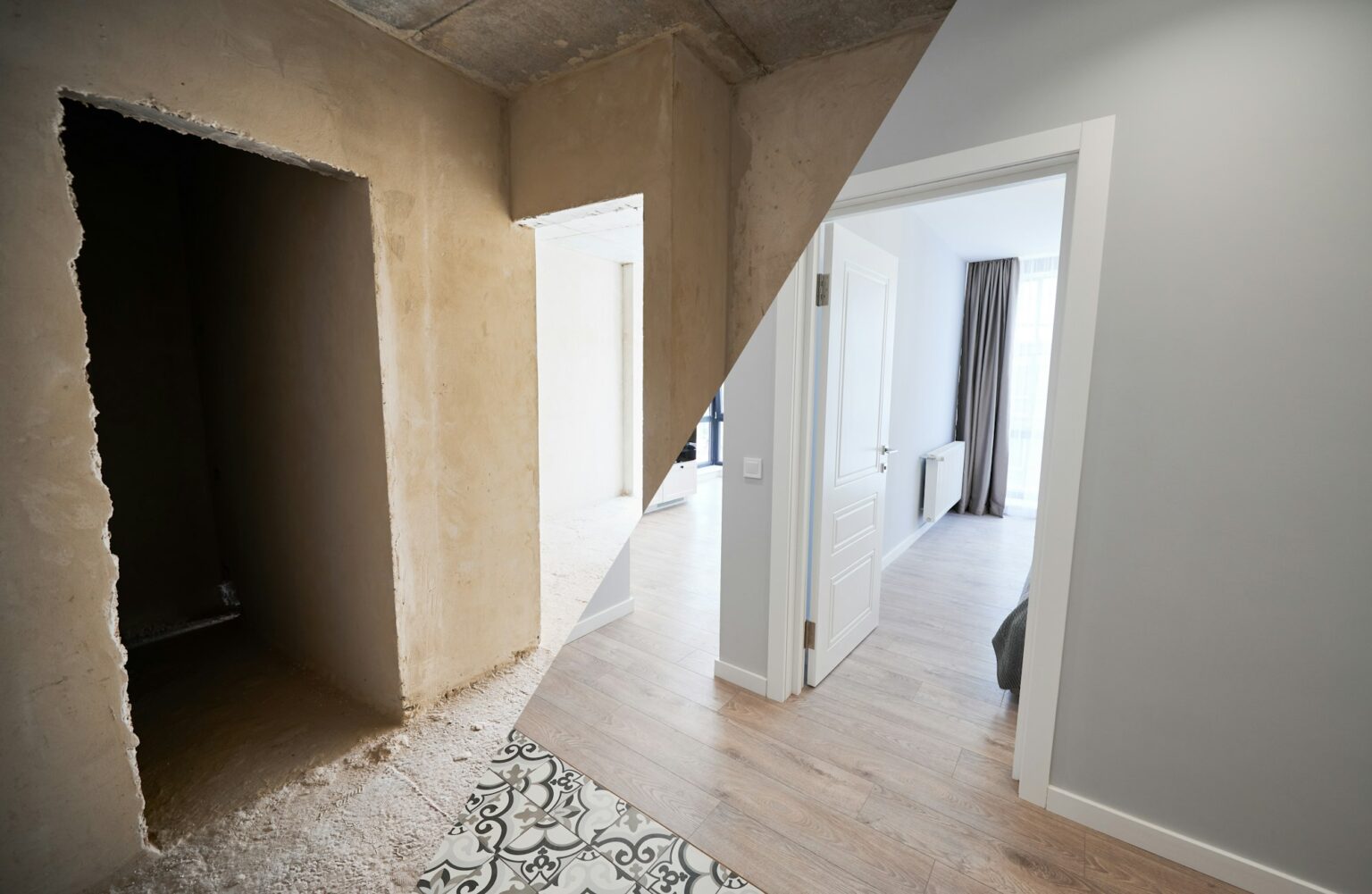 Usługi , wymiana okien i drzwi w holandii Comparison of apartment before and after renovation.